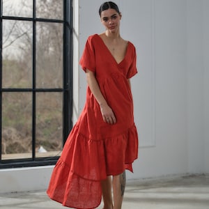 Nursing Ruffle Trim Red Belted Dress