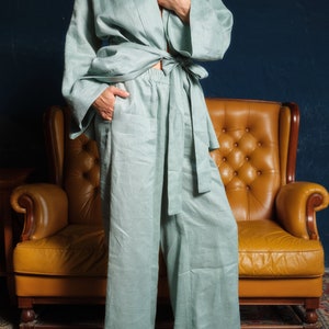 Japanese style linen kimono robe with belt, Linen clothing womens, Loose fit casual linen jacket in mint color, Plus size wrap housecoat