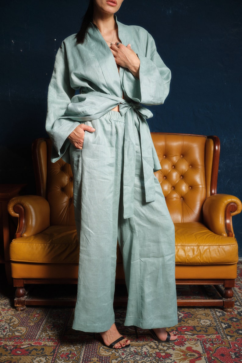 Japanese style linen kimono robe with belt, Linen clothing womens, Loose fit casual linen jacket in mint color, Plus size wrap housecoat