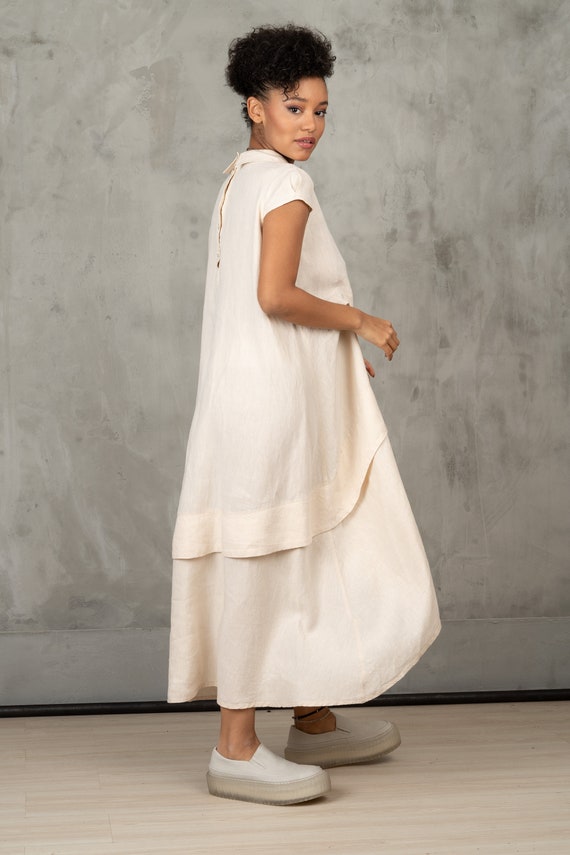 Beige Linen Asymmetrical Dress: Avant Garde Maxi Kaftan