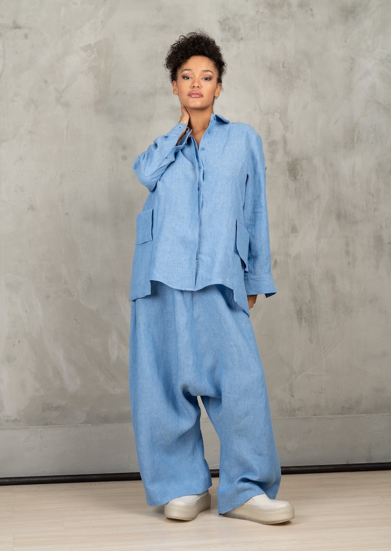 Extravagant Drop Crotch pants, Blue Linen Harem Pants, Linen Pants Women, Loose Harem Pants, Pants With Pockets image 1