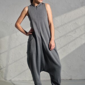 Asymmetrical set of two - cotton turtleneck top and drop crotch jumpsuit in dark grey color, Organic women's avante garde plus size clothing