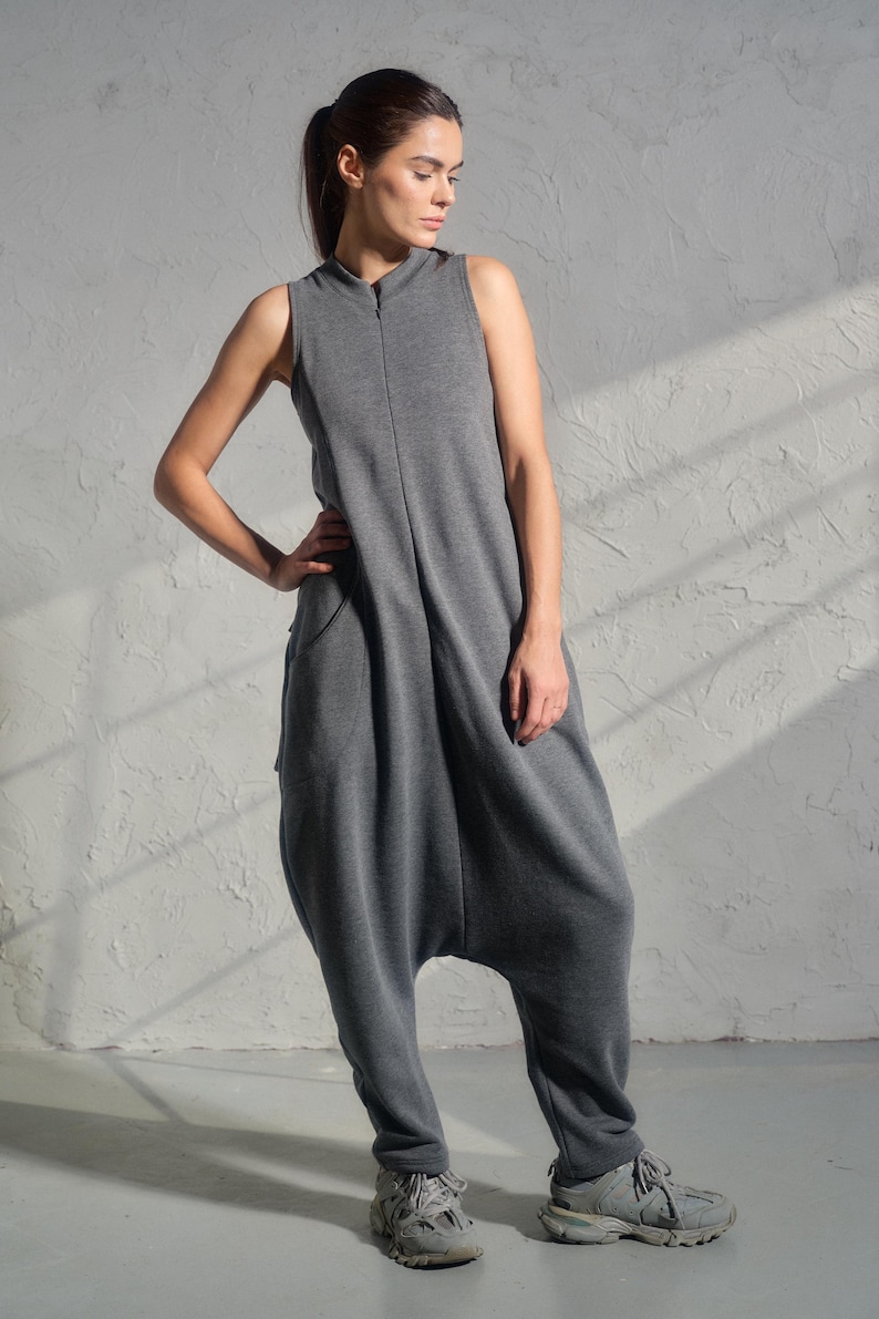 Asymmetrical set of two - cotton turtleneck top and drop crotch jumpsuit in dark grey color, Organic women's avante garde plus size clothing
