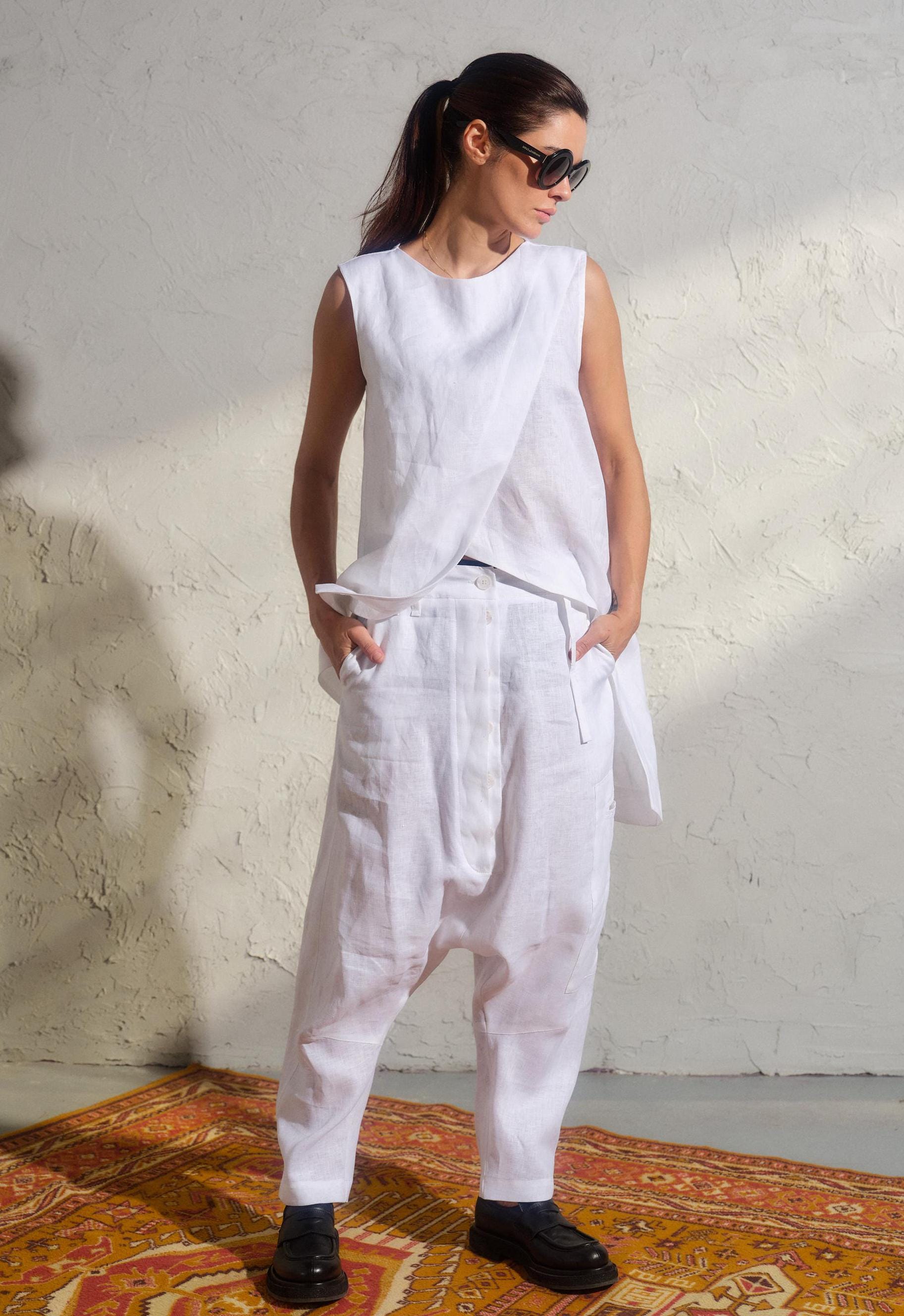 Asymmetrical White Linen Top Women's, Minimalistic Summer Linen