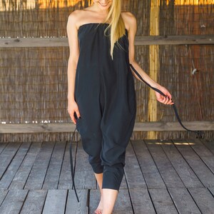 Black harem jumpsuit women avant garde clothing, Plus size overalls womens, White drop crotch romper women