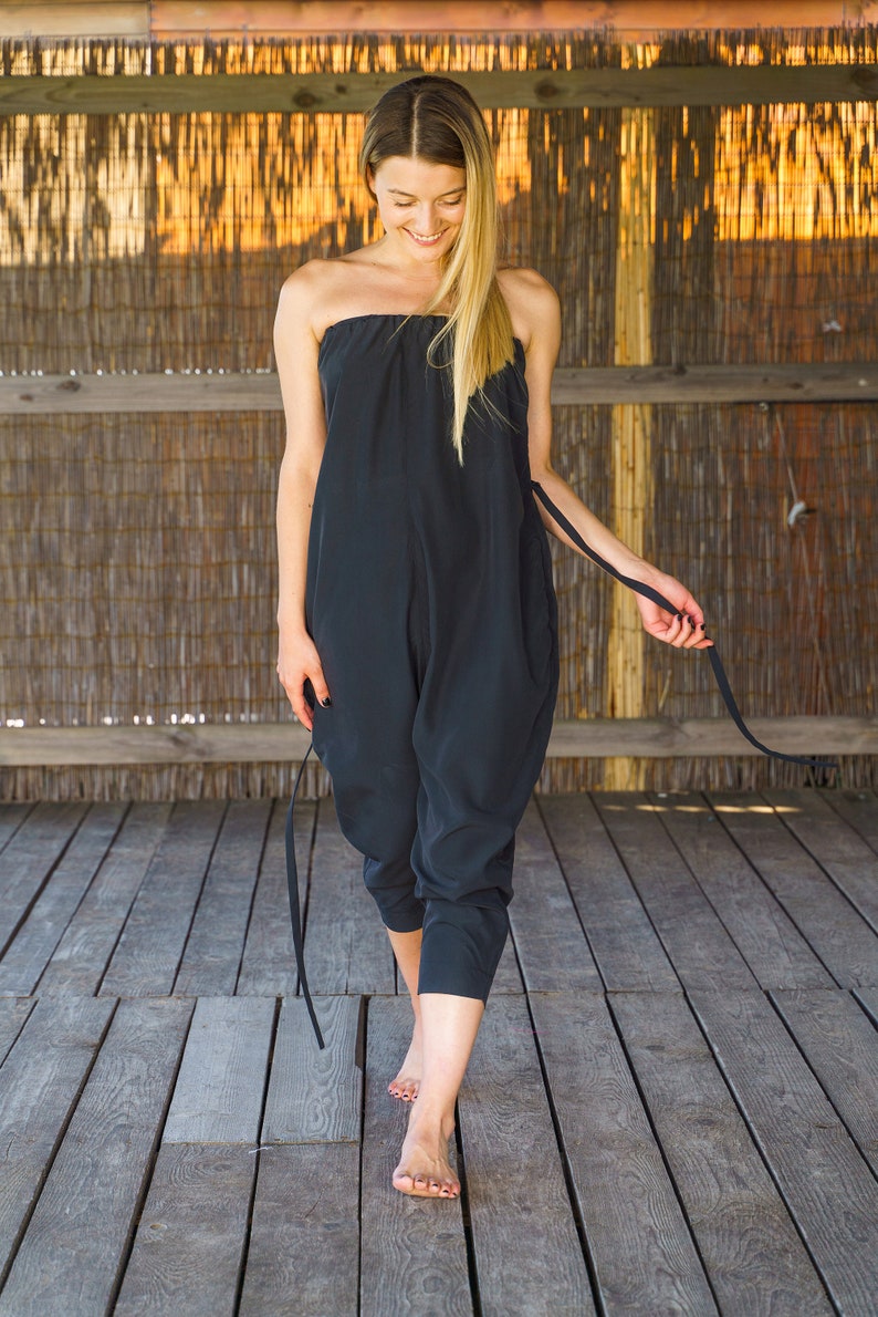 Black harem jumpsuit women avant garde clothing, Plus size overalls womens, White drop crotch romper women