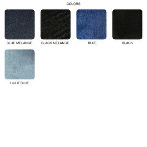 Puede incluir: Muestra de color que muestra cinco colores de mezclilla: azul melange, negro melange, azul, negro y azul claro.
