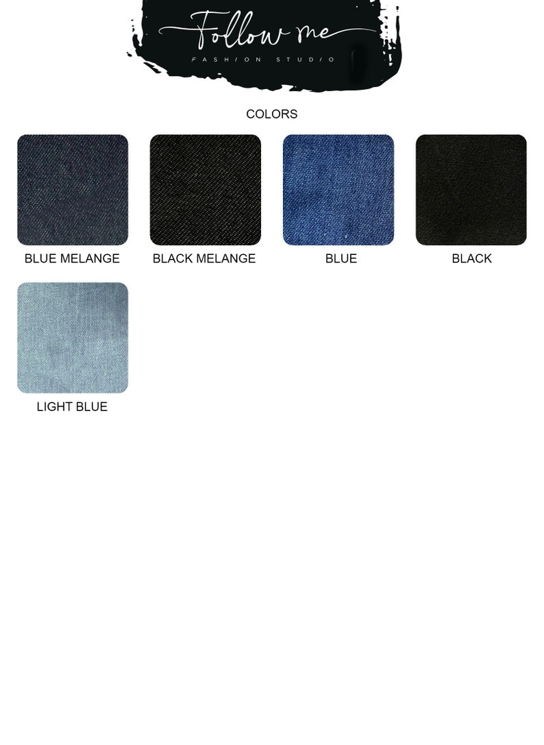 Puede incluir: Muestra de color que muestra cinco colores de mezclilla: azul melange, negro melange, azul, negro y azul claro.