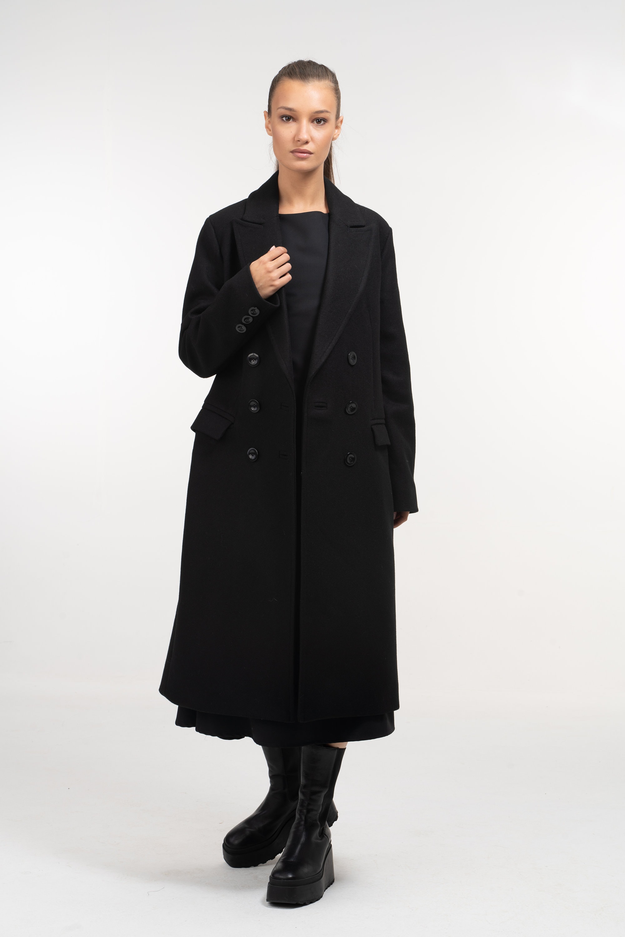 Long Black Double Breasted Wool Coat for Women, Oversized
