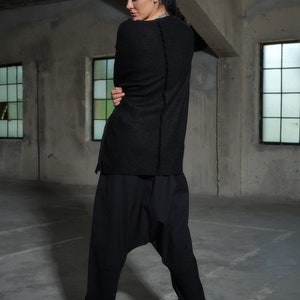 Avant garde merino wool drop crotch pants with asymmetrical details, Black harem pants women's, Baggy winter pants, Plus sizes available