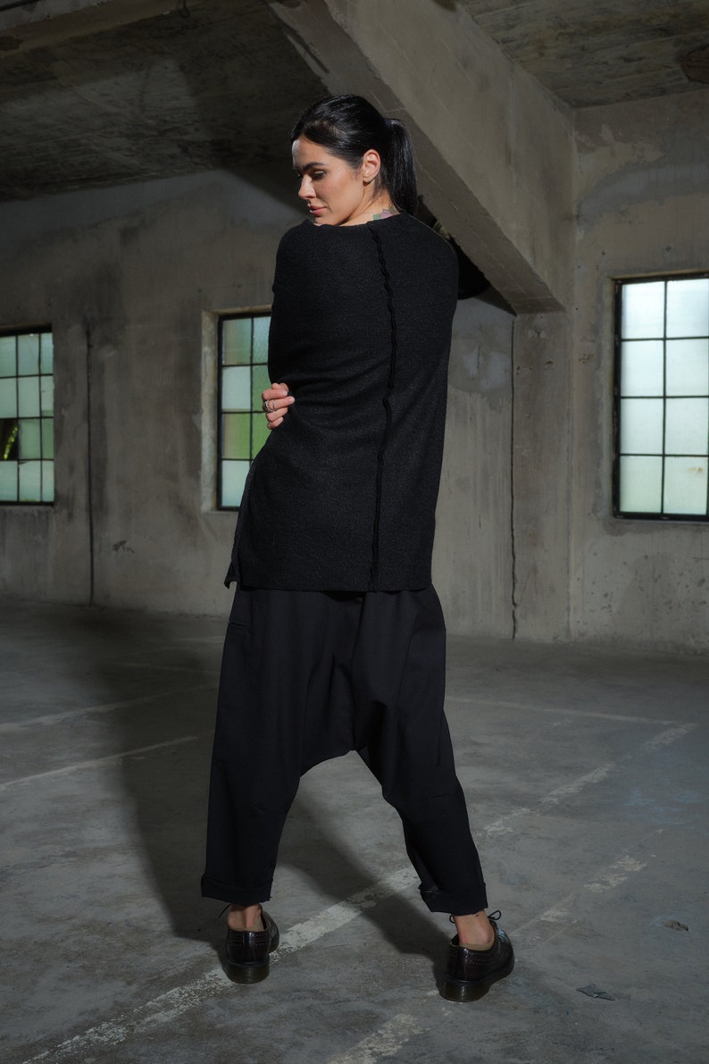Avant garde merino wool drop crotch pants with asymmetrical details, Black harem pants women's, Baggy winter pants, Plus sizes available