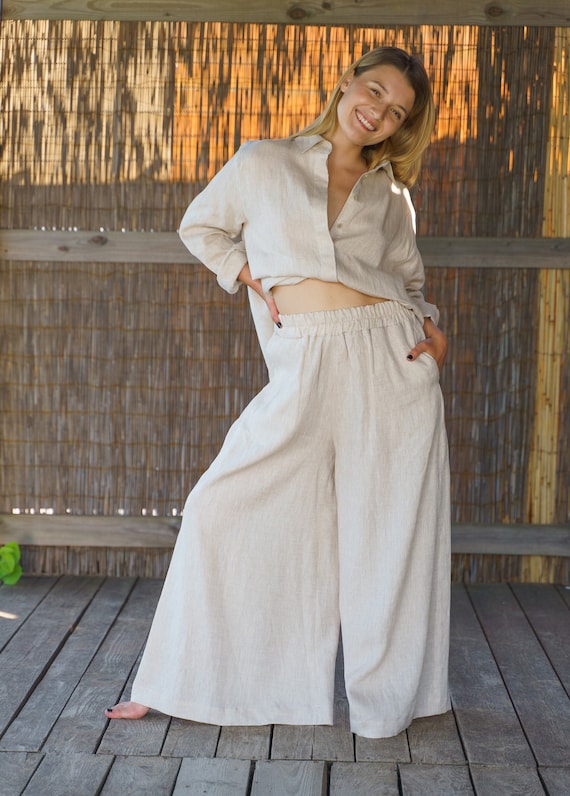 Linen Palazzo Pants Women, Linen Clothing, Beige Wide Leg Linen