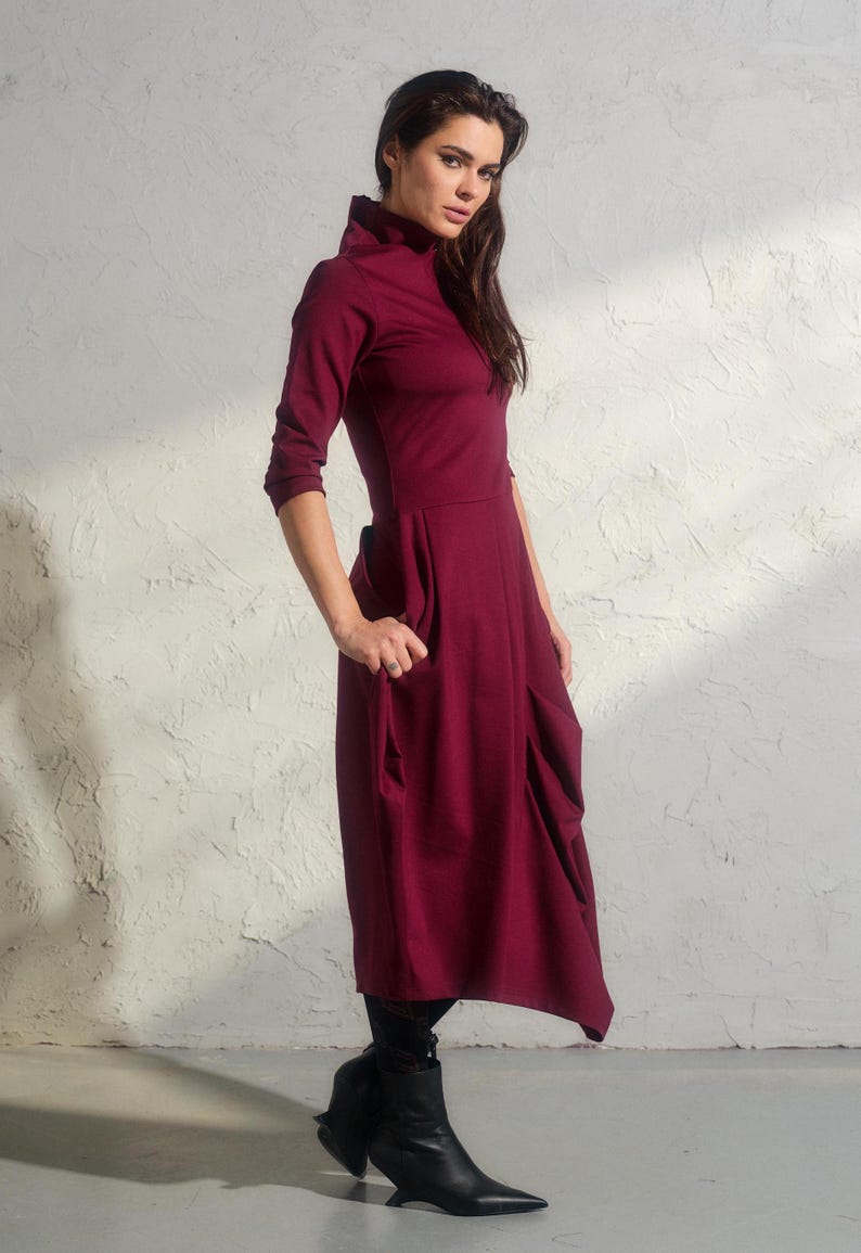 Asymmetric burgundy dress, Avant garde dress, Extravagant long viscose dress, Slow fashion, Capsule wardrobe, Sustainable clothes