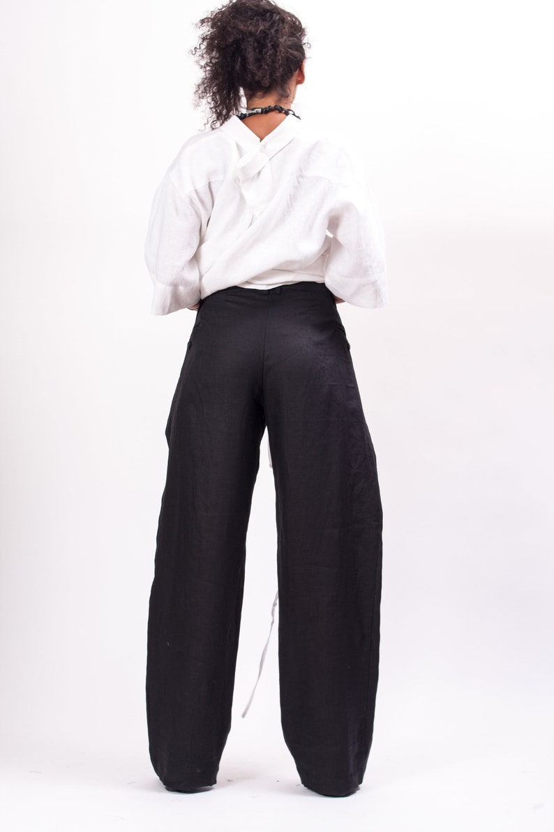 Black wide leg linen pants women, Palazzo pants women linen clothing, Womens wide trousers, Avant garde clothing image 5