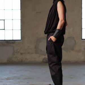 Black avant garde cotton drop crotch pants with asymmetrical buttons, Drop crotch pants women, Urban baggy trousers, Plus sizes available image 3