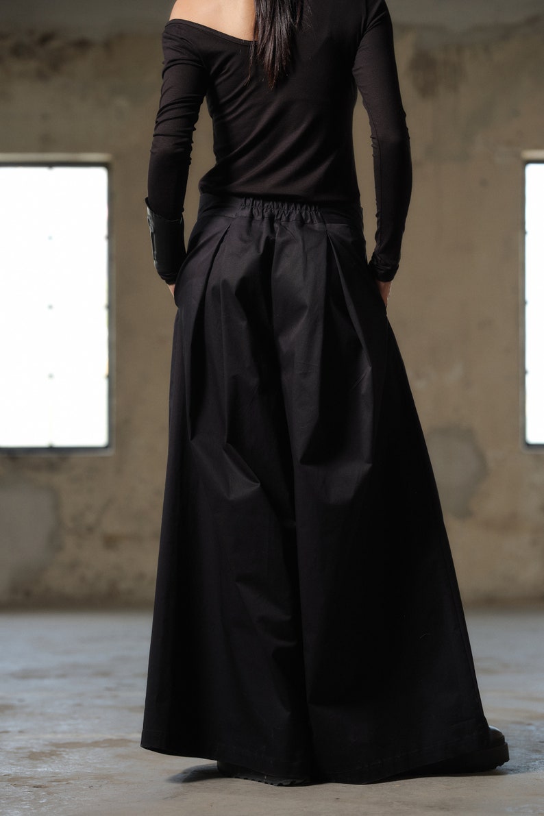 Black cotton skirt pants, Wide leg palazzo pants women organic clothing, Extravagant black pants with pleats women, Slow fashion