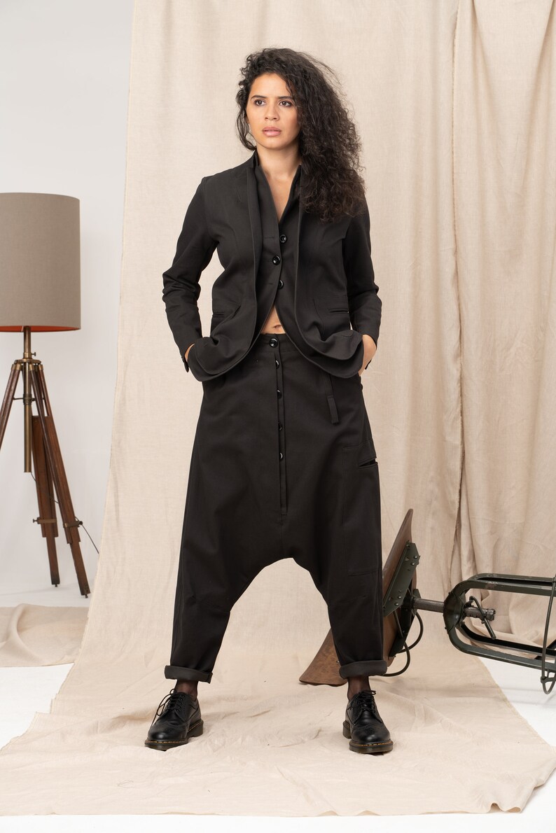 Avant garde Denim Harem Pants with Asymmetrical Details, Drop Crotch Pants Women