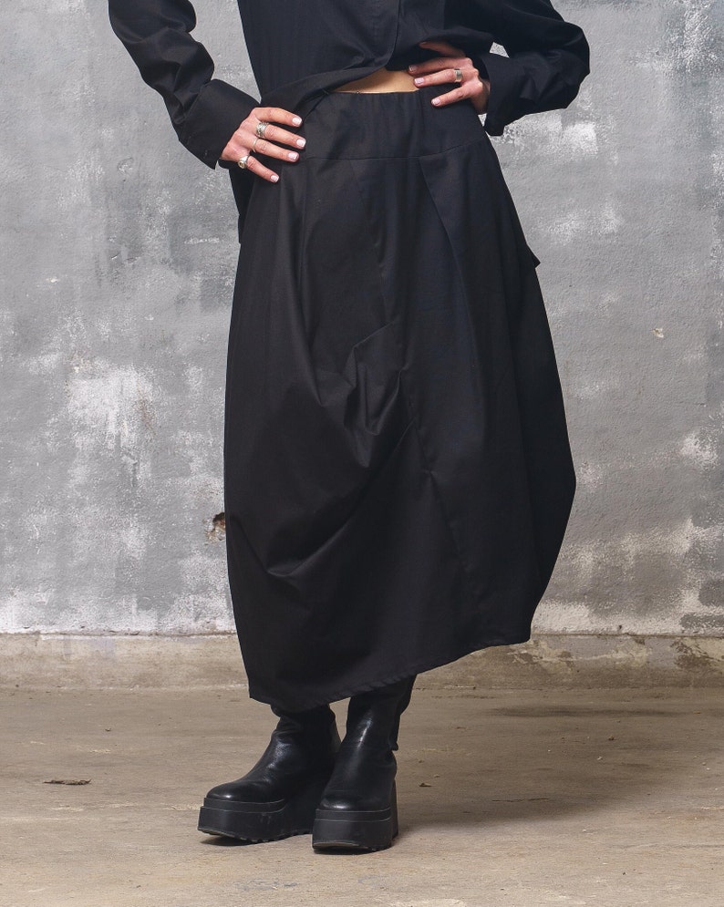 Asymmetrical black cotton skirt midi skirt, Avant garde clothing, Extravagant fall skirt Slow fashion, Capsule wardrobe Sustainable clothing