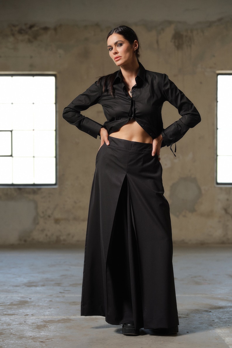 Black wide leg wool pants women, Avant garde merino wool palazzo pants, Extravagant skirt pants women, Fall clothing, Slow fashion image 1