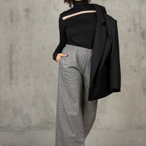 Gray wide leg wool pants women, mid waisted pants women wool clothing, Womens wide trousers