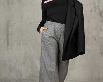 Gray wide leg wool pants women, mid waisted pants women wool clothing, Womens wide trousers