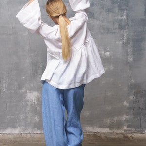Light blue linen elastic waist pants women, Organic clothing Wide leg pants women, Linen clothing for women image 3