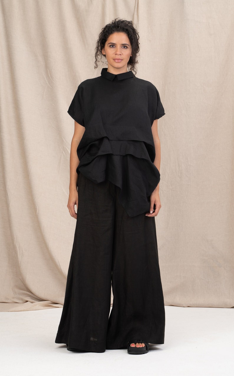 Black linen tunic, Womens linen top avant garde clothing, Linen shirt, Plus size tunic top, Asymmetric kaftan, plus size shirt image 3