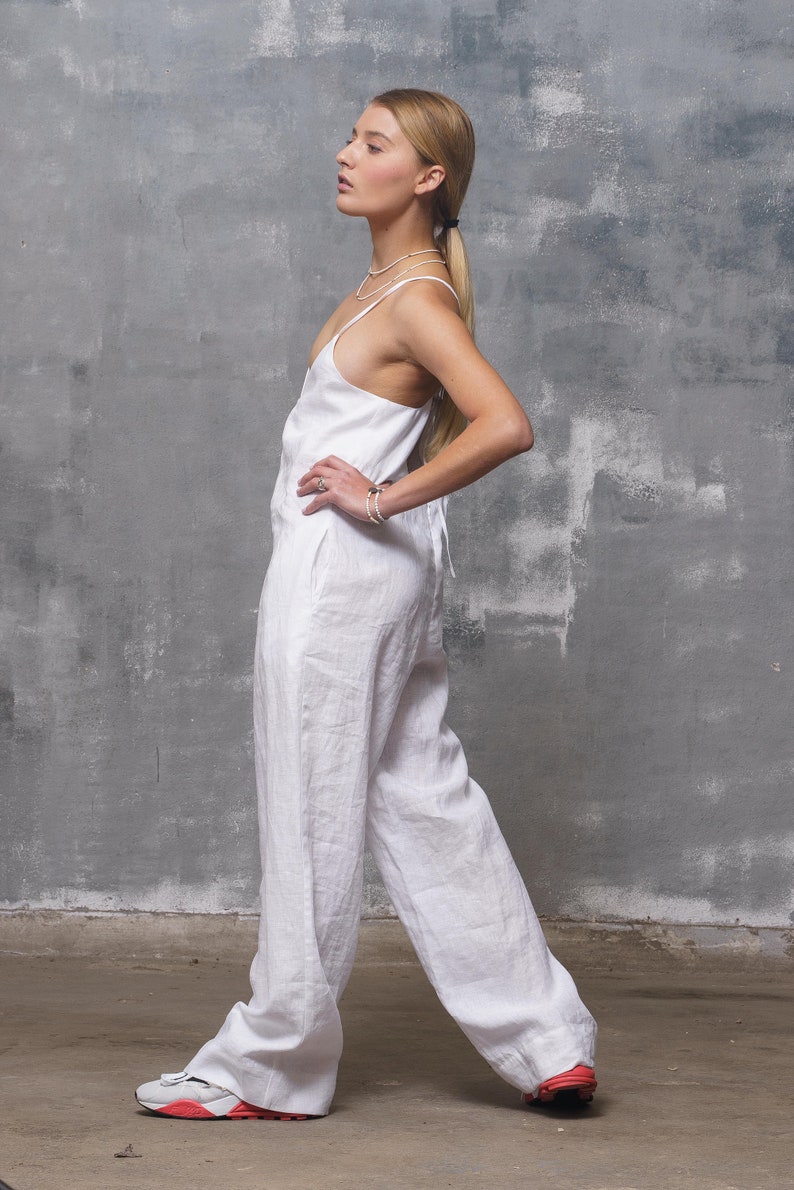 White linen jumpsuit womens, Wide leg linen overalls, Plus sizes available, Spaghetti straps jumpsuit, Summer boho oversized romper organic