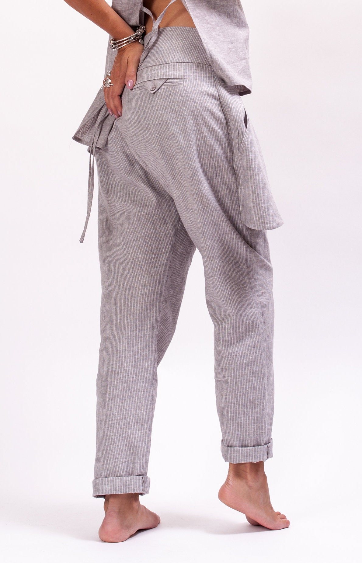 grey and white striped linen pants