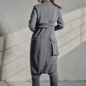 Asymmetrical set of two - cotton turtleneck top and drop crotch jumpsuit in dark grey color, Organic women's avante garde plus size clothing