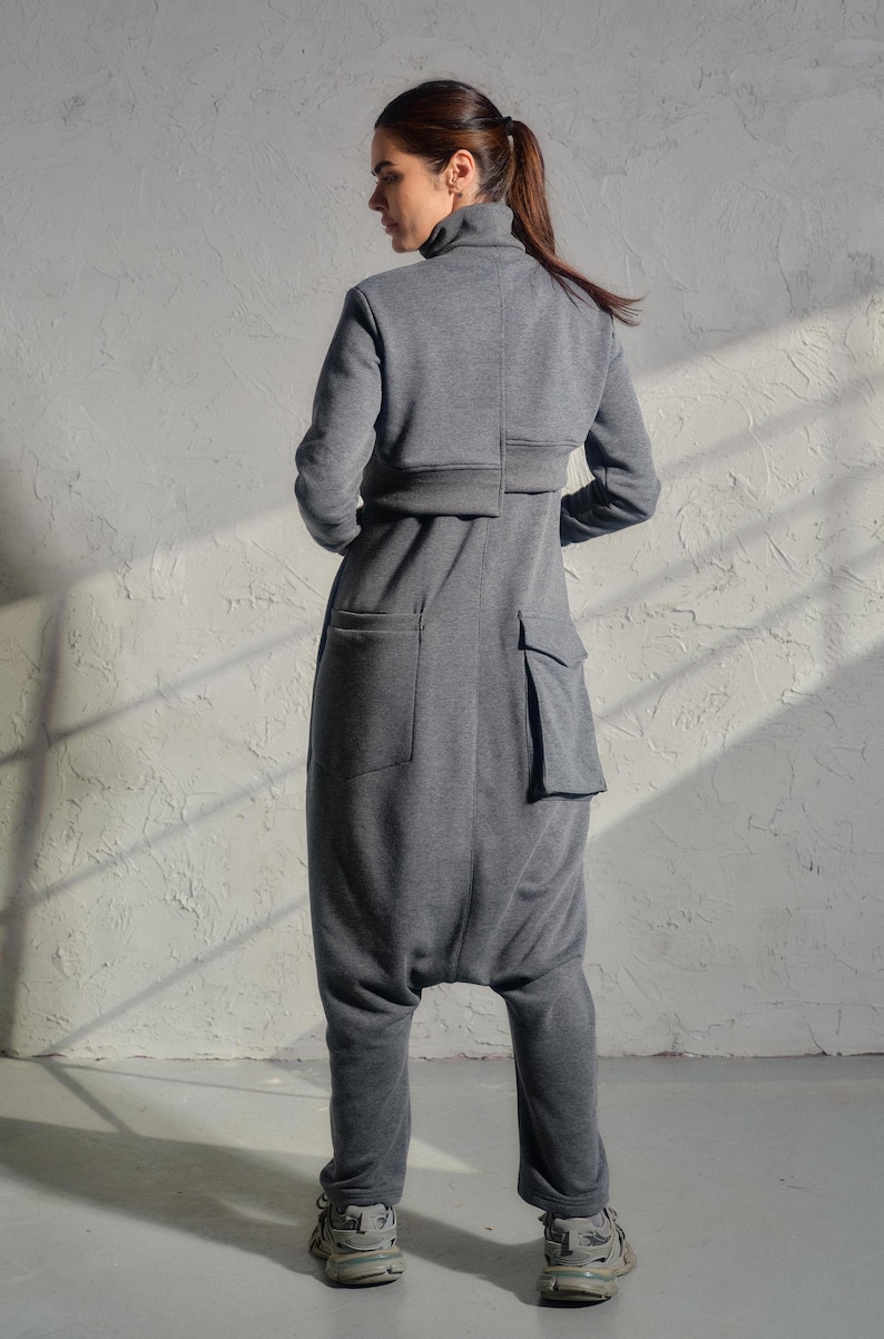 Asymmetrical set of two - cotton turtleneck top and drop crotch jumpsuit in dark grey color, Organic women's avante garde plus size clothing