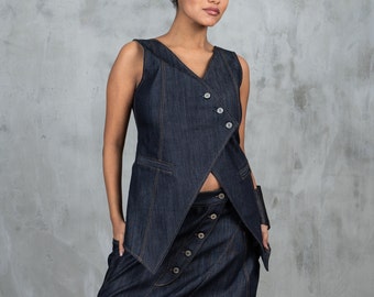 Denim waistcoat women avant garde clothing, Blue denim vest women