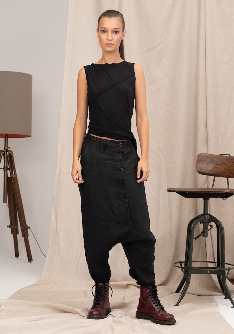 Contemporary drop crotch linen pants, Harem pants women's, Avant garde linen clothing, Linen baggy pants women image 4