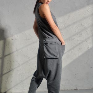 Asymmetrical set of two - cotton turtleneck top and drop crotch jumpsuit in dark grey color, Organic women's avante garde plus size clothing
