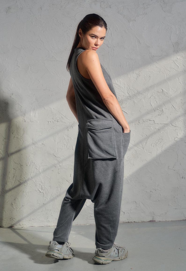 Asymmetrical set of two - cotton turtleneck top and drop crotch jumpsuit in dark grey color, Organic women's avante garde plus size clothing