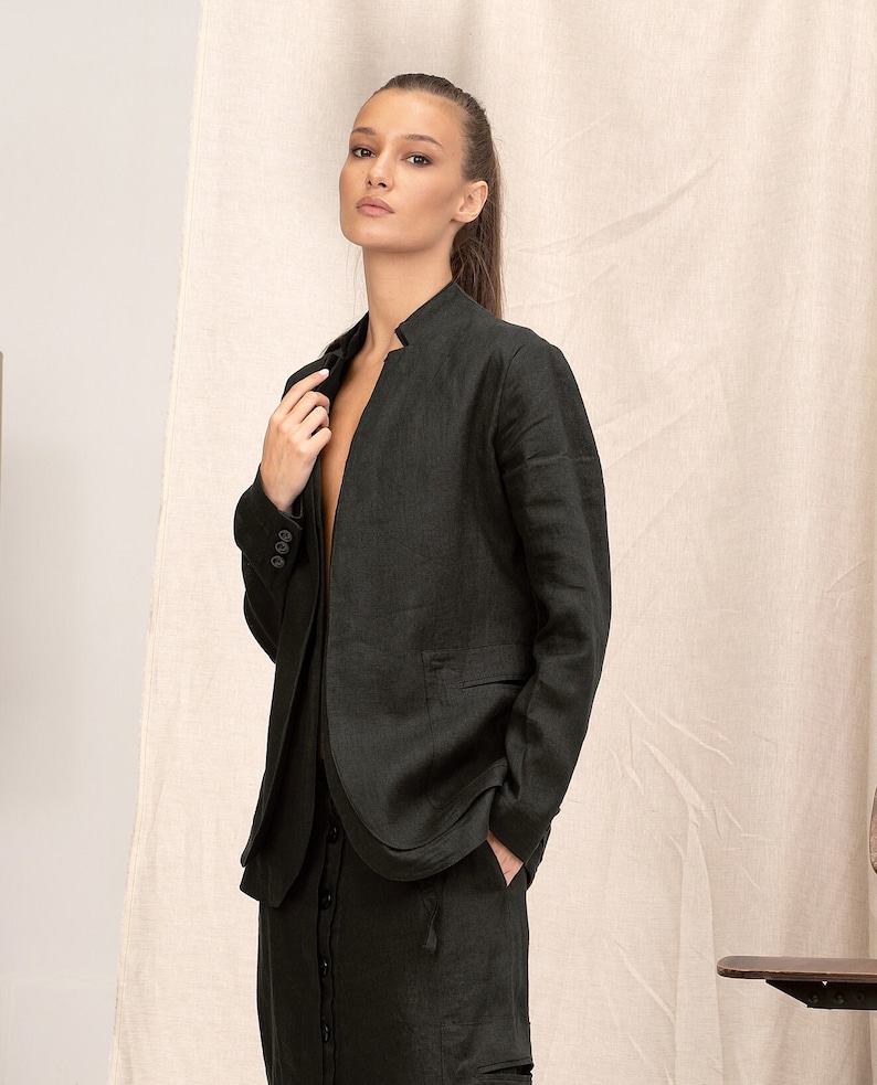 Blazer en lin extravagant avec doubles revers, veste de costume en lin vêtements en lin pour femmes, blazer Avant-garde femmes image 4