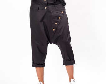 Black Cotton Capri Harem Pants, Low Waist Avant Garde Design