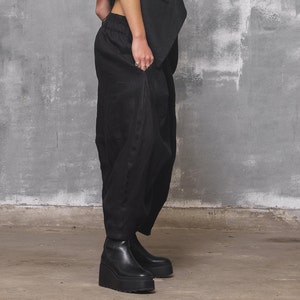Pantalon en lin noir, pantalon ample pour femme, pantalon à entrejambe bas, pantalon taille moyenne pour femme image 6