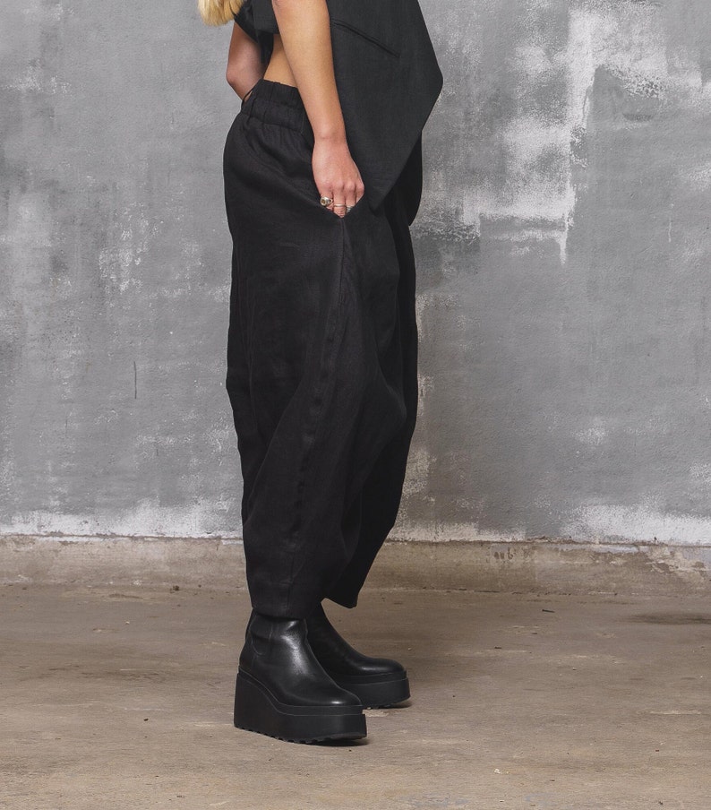 Leinenhose schwarze Pumphose Frauen, Baggy Hose mit tiefem Schritt für Frauen Bild 6