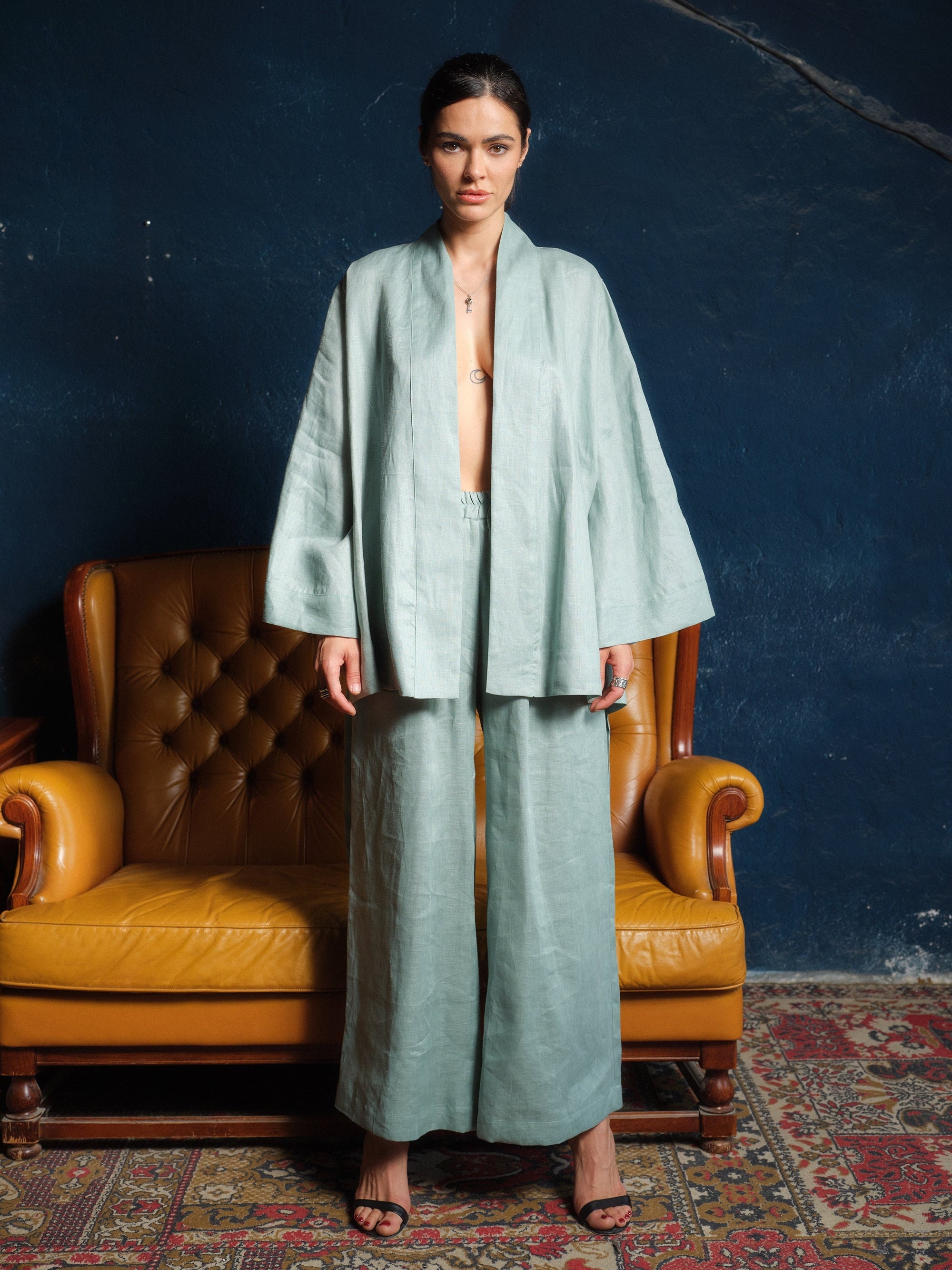 Japanese style linen kimono robe with belt, Linen clothing womens, Loose fit casual linen jacket in mint color, Plus size wrap housecoat