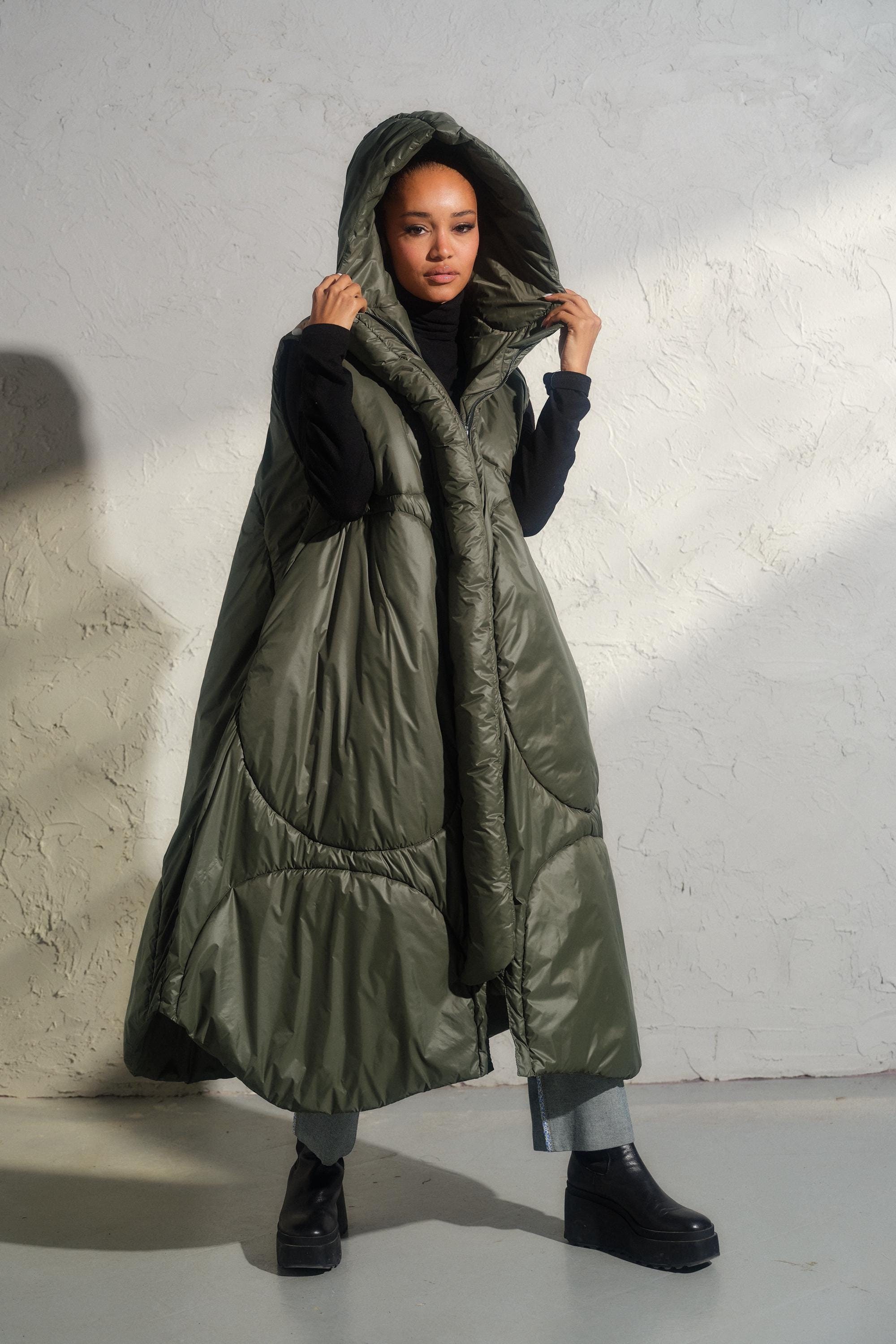 Asymmetrical Quilted Long Vest Womens, Oversized Khaki Green Autumn/Winter Maxi Puffer Vest, Avant Garde Winter Gilet With Hood, Plus Sizes