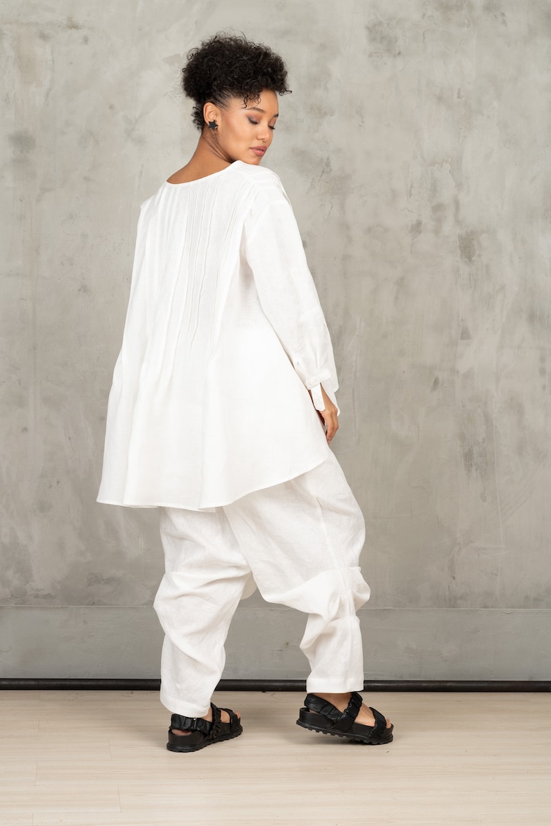 White linen blouse women long sleeve linen shirt women, Asymmetrical linen top plus size clothing for women, Oversized shirt women