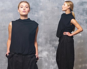 Schwarze Top Avantgarde Kleidung, ärmellose Bluse Frauen, Minimalistische Kleidung Frauen, Futuristische Kleidung