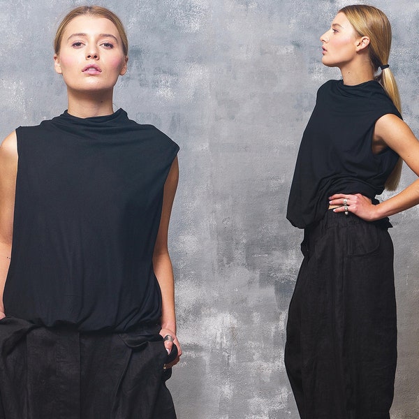Schwarze Top Avantgarde Kleidung, ärmellose Bluse Frauen, Minimalistische Kleidung Frauen, Futuristische Kleidung