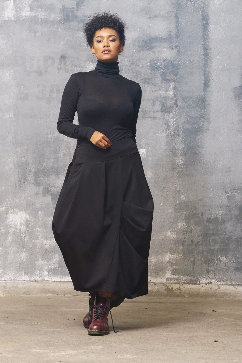Black knitted fabric skirt mid waist, Punto Milano midi-length skirt, Avant garde skirt, Steampunk skirt, Formal skirt image 1