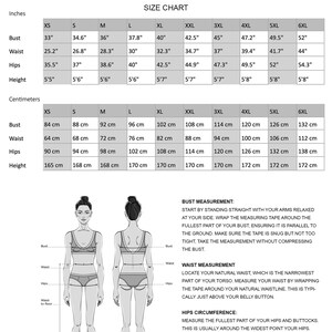 May include: Size chart for clothing with measurements in inches and centimeters. The chart includes bust, waist, hips, and height measurements for sizes XS to 6XL. A diagram shows how to measure bust, waist, hips, and waist to floor.