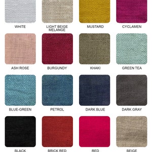 May include: Color chart showing 16 different fabric swatches. The swatches are arranged in four rows of four. The colors include white, light beige melange, mustard, cyclamen, ash rose, burgundy, khaki, green tea, blue-green, petrol, dark blue, dark gray, black, brick red, red, and beige.