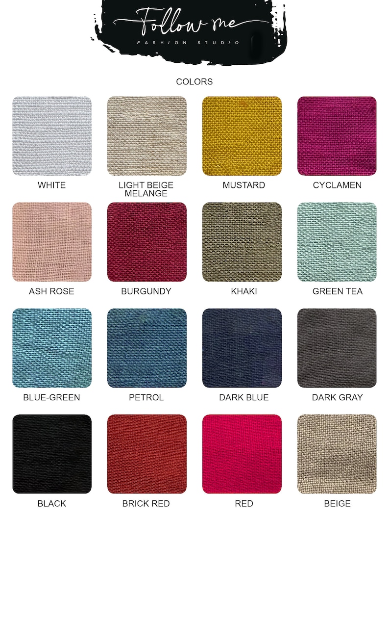 May include: Color chart showing 16 different fabric swatches. The swatches are arranged in four rows of four. The colors include white, light beige melange, mustard, cyclamen, ash rose, burgundy, khaki, green tea, blue-green, petrol, dark blue, dark gray, black, brick red, red, and beige.