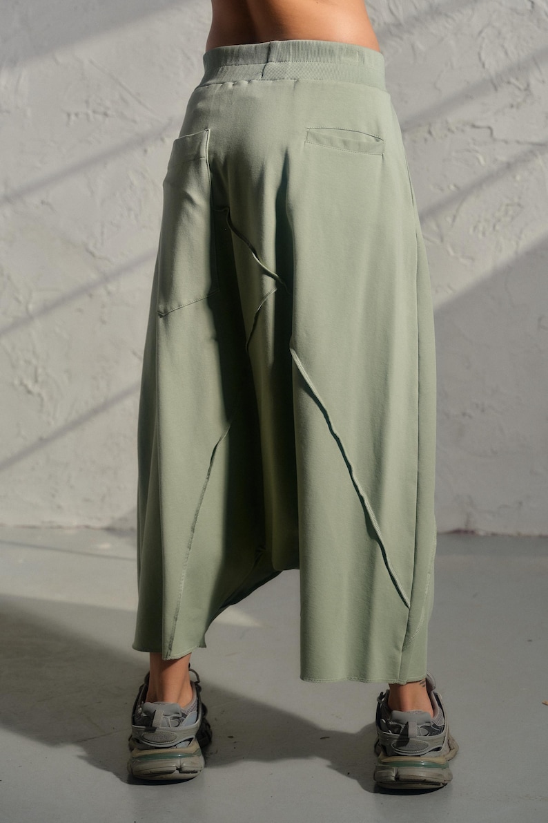 Avant garde drop crotch pants in Grean tea color, Streatwear harem pants womens, Organic cotton baggy pants, Plus sizes available