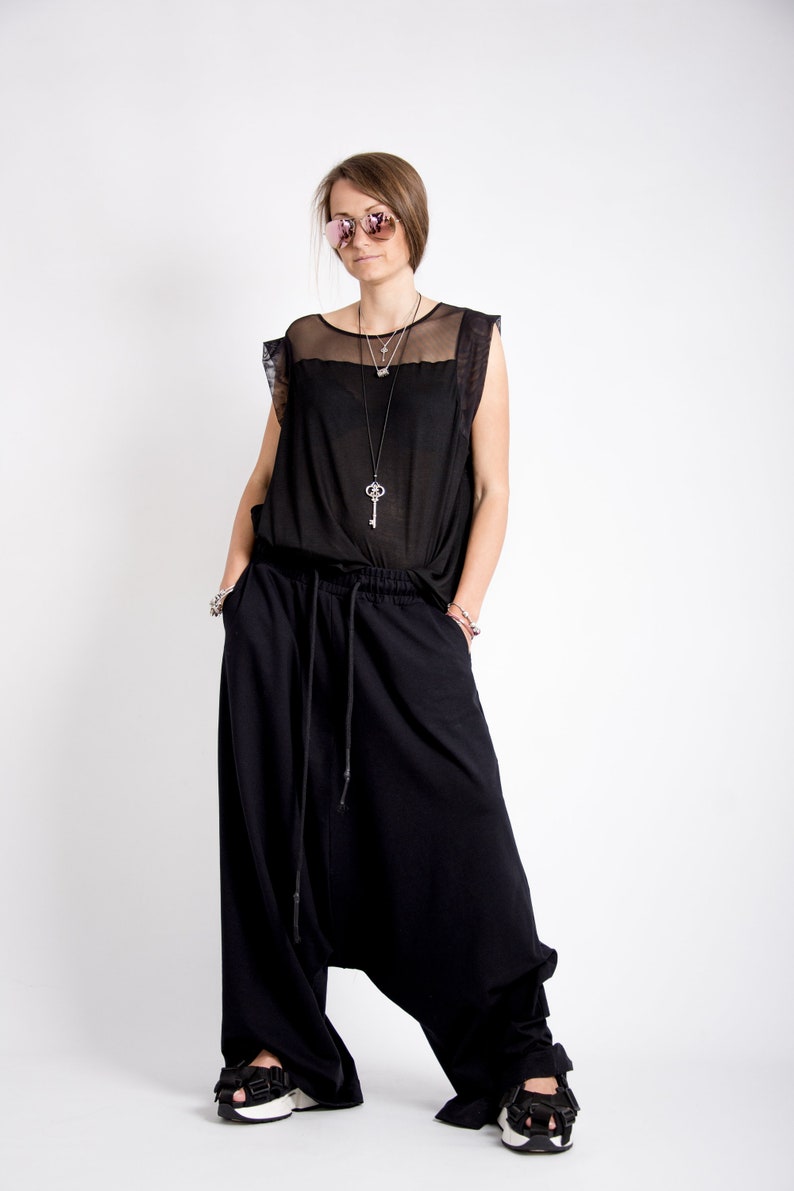 Casual harem pants women, Black drop crotch pants, Avant garde clothing, Harajuku pants image 8